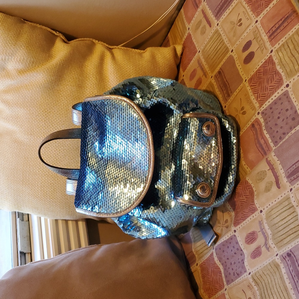 Limited Edition Coach Poppy Blue Sequin Backpack Bag 16916 - Picture 16 of 16